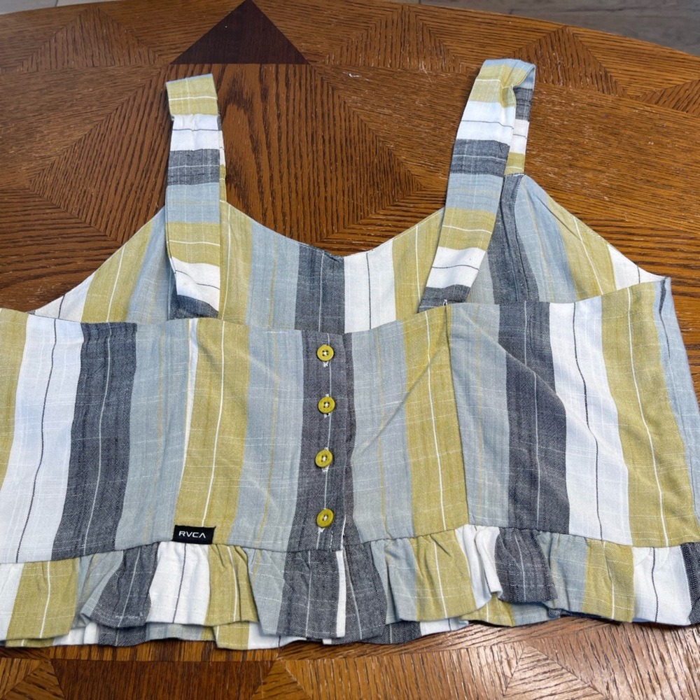 RVCA Striped Crop Top Womens Yellow Grey White Button Back Ruffle Hem Tank (958) - Picture 7 of 12